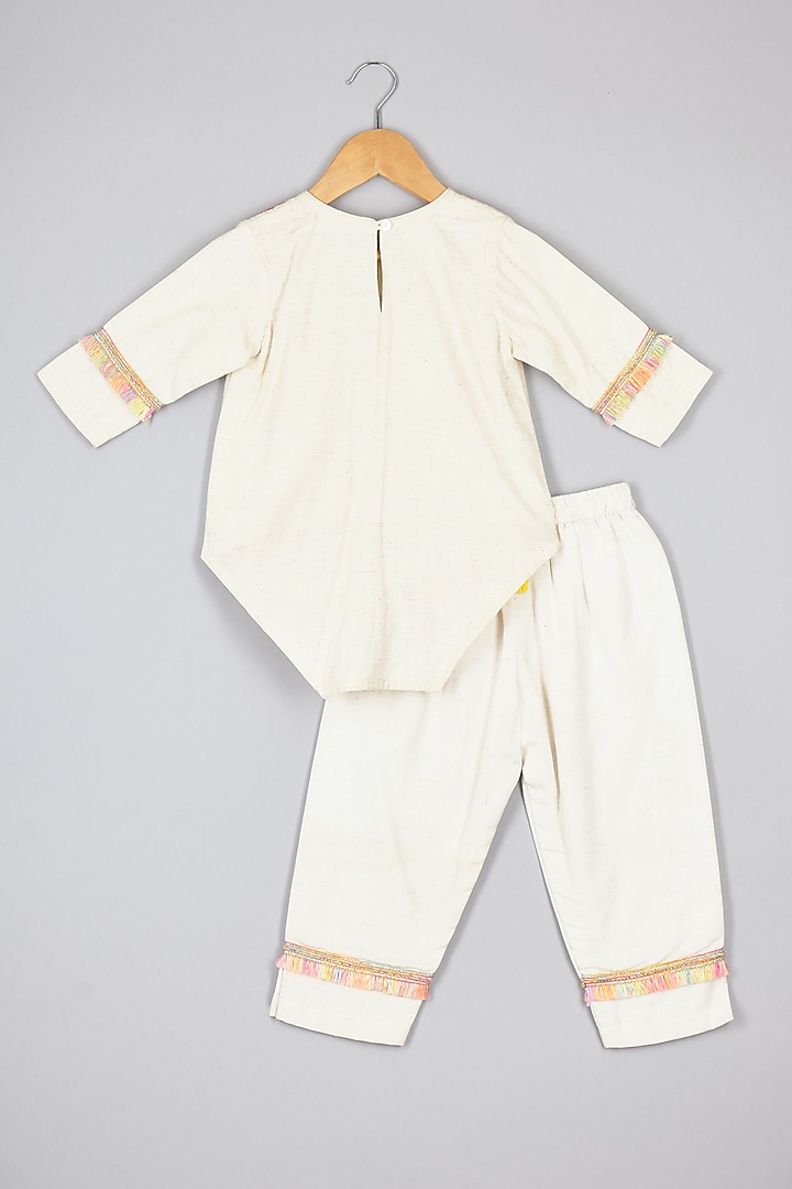 Off-White Flax Cotton Thread Embroidered Kurta Set For Girls by P & S Co at Pernia's Pop Up Shop
