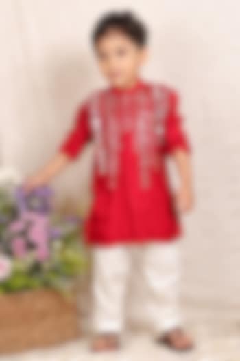 Red Malai Cotton Mirror Work Kurta Set For Boys by P & S Co