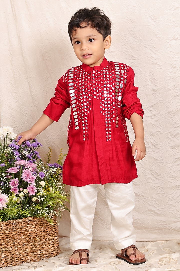 Red Malai Cotton Mirror Work Kurta Set For Boys by P & S Co