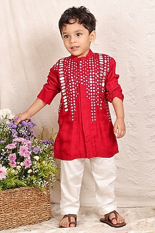Red Malai Cotton Mirror Work Kurta Set For Boys by P & S Co