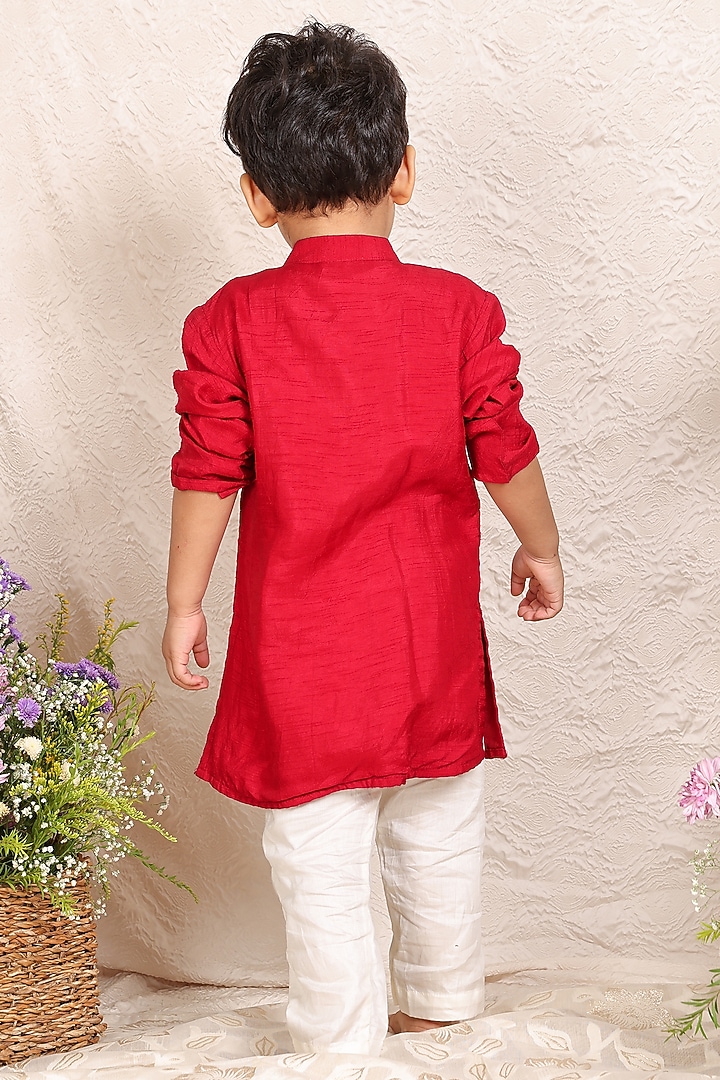 Red Malai Cotton Mirror Work Kurta Set For Boys by P & S Co at Pernia's Pop Up Shop
