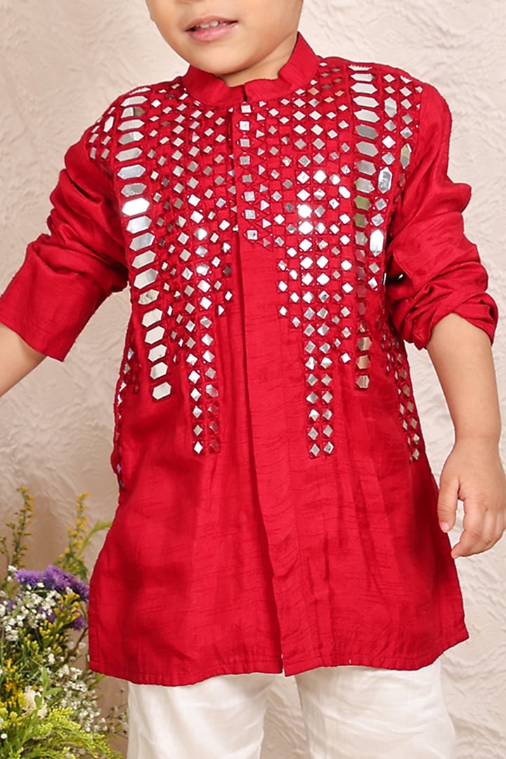 Red Malai Cotton Mirror Work Kurta Set For Boys by P & S Co at Pernia's Pop Up Shop