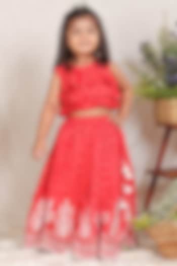Red Chanderi Thread Embroidered Lehenga Set For Girls by P & S Co at Pernia's Pop Up Shop