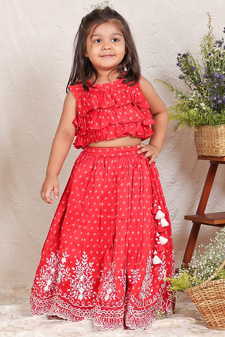 Red Chanderi Thread Embroidered Lehenga Set For Girls by P & S Co at Pernia's Pop Up Shop