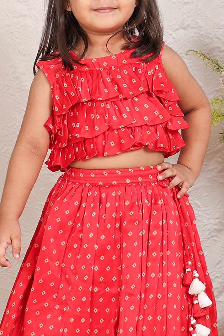 Red Chanderi Thread Embroidered Lehenga Set For Girls by P & S Co at Pernia's Pop Up Shop