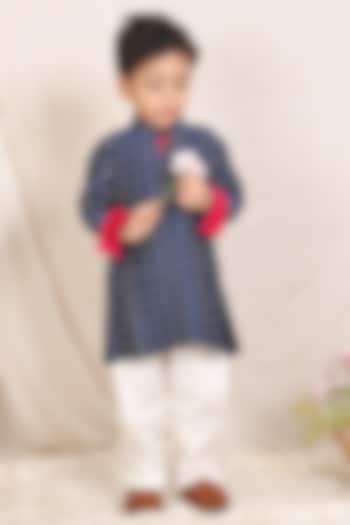 Blue Chanderi Pintuck Kurta Set For Boys by P & S Co