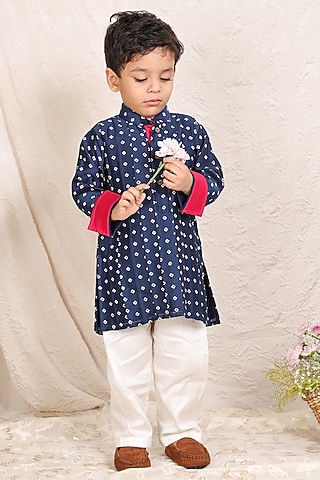 Blue Chanderi Pintuck Kurta Set For Boys by P & S Co