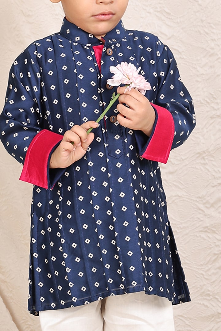 Blue Chanderi Pintuck Kurta Set For Boys by P & S Co at Pernia's Pop Up Shop