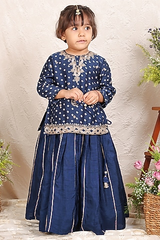 Blue Chanderi Zari Embroidered & Bandhej Printed Kurta Set by P & S Co