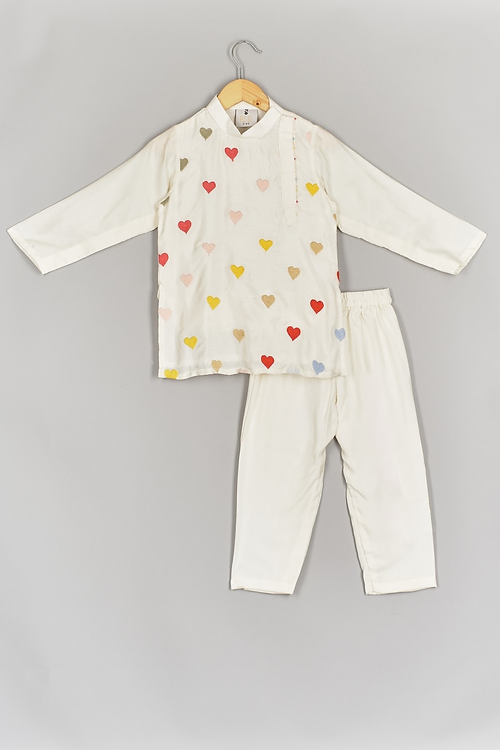 Off-White Silk Thread Embroidered Kurta Set For Boys by P & S Co