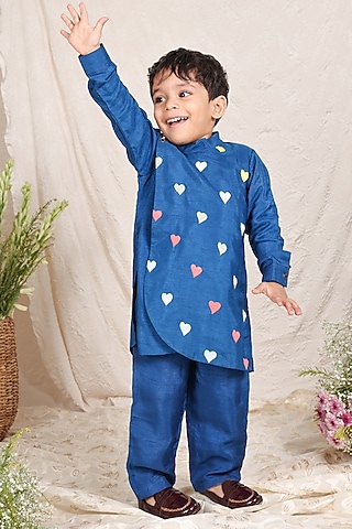 Blue Silk Thread Embroidered Kurta Set For Boys by P & S Co