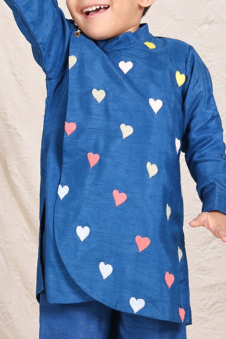 Blue Silk Thread Embroidered Kurta Set For Boys by P & S Co at Pernia's Pop Up Shop