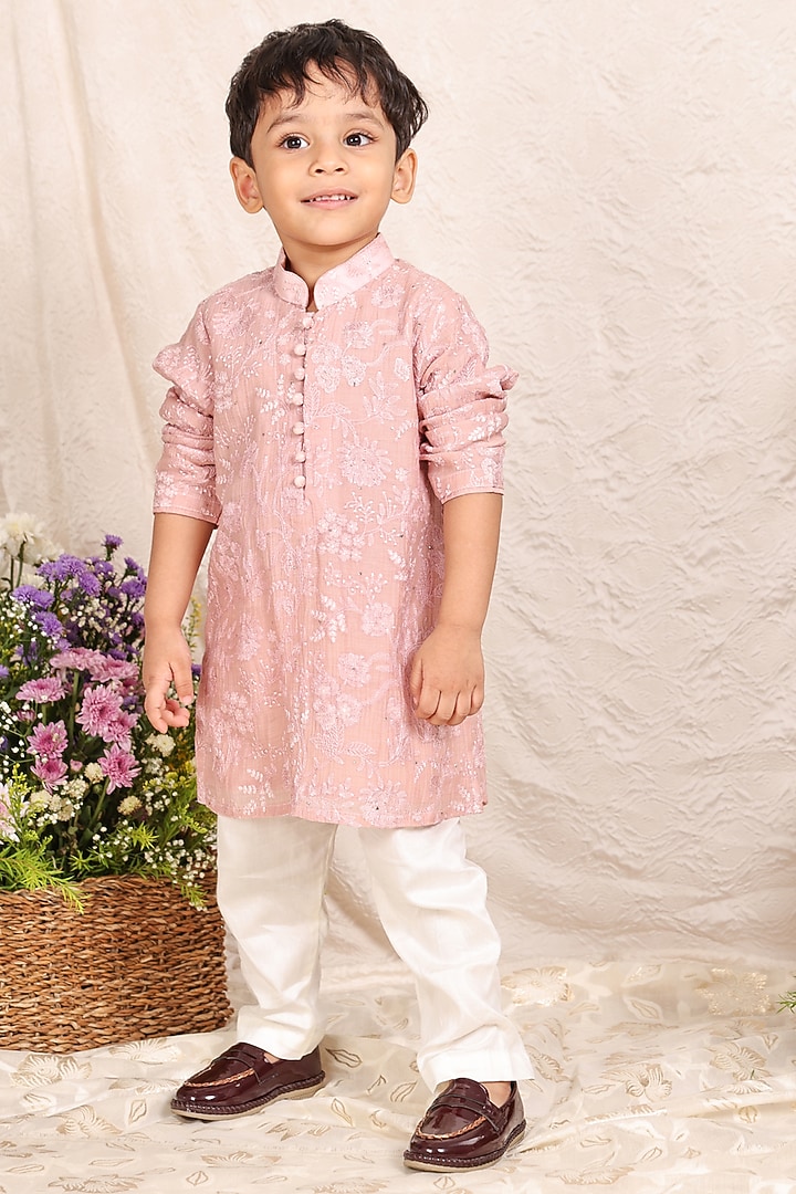 Dusty Pink Chanderi Lucknowi Kurta Set For Boys by P & S Co