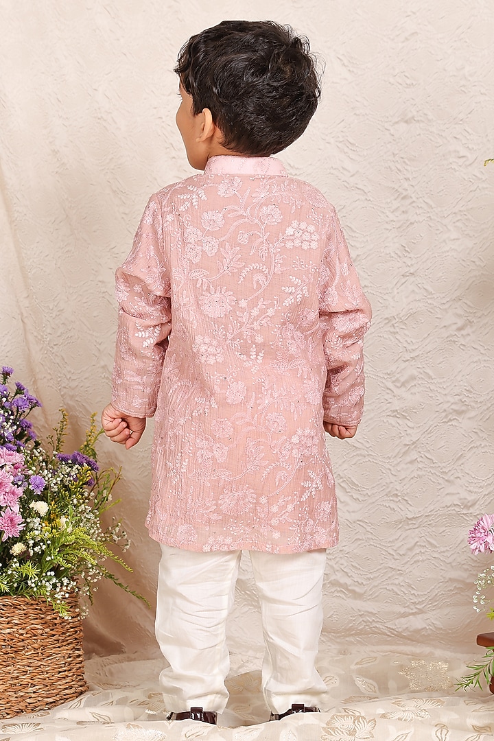 Dusty Pink Chanderi Lucknowi Kurta Set For Boys by P & S Co at Pernia's Pop Up Shop