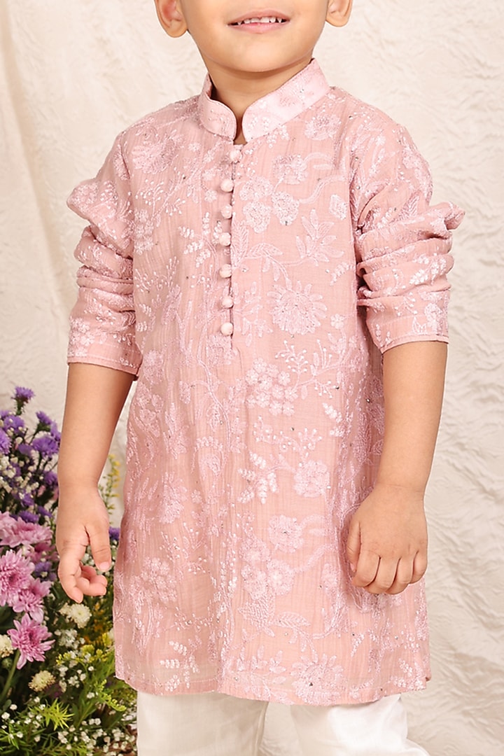 Dusty Pink Chanderi Lucknowi Kurta Set For Boys by P & S Co at Pernia's Pop Up Shop