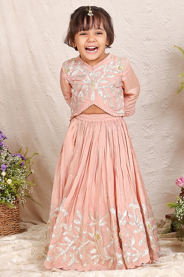 Pink Silk Tissue Gota Embroidered Lehenga Set For Girls by P & S Co at Pernia's Pop Up Shop