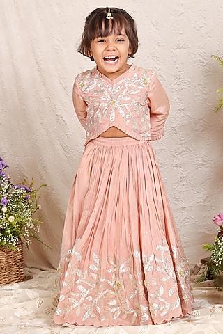 Pink Silk Tissue Gota Embroidered Lehenga Set For Girls by P & S Co