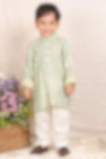 Pista Green Silk Zari Embroidered Bandhej Kurta Set For Boys by P & S Co