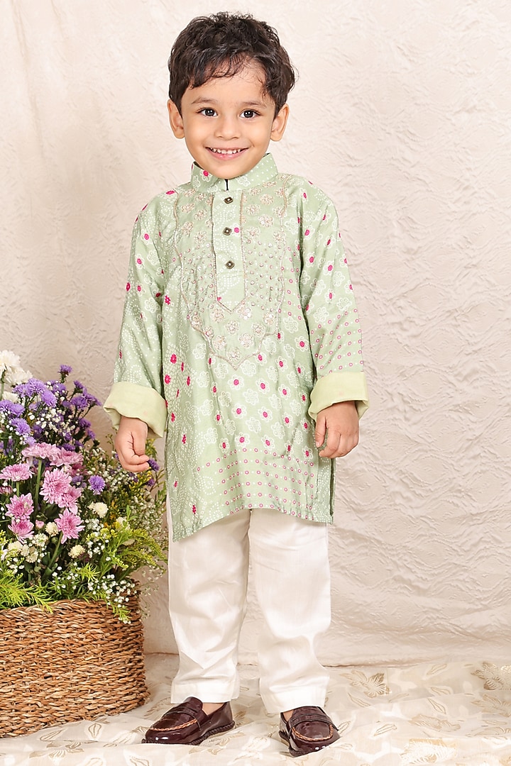 Pista Green Silk Zari Embroidered Bandhej Kurta Set For Boys by P & S Co