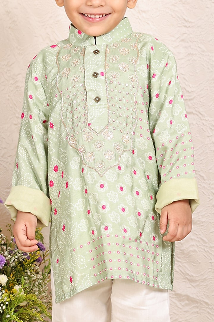 Pista Green Silk Zari Embroidered Bandhej Kurta Set For Boys by P & S Co at Pernia's Pop Up Shop
