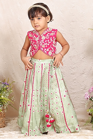Pista Green Silk Zari Embroidered Lehenga Set For Girls by P & S Co