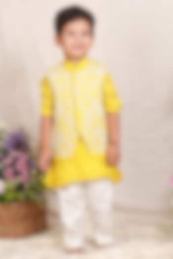 Yellow Tissue Thread Embroidered Nehru Jacket Set For Boys by P & S Co
