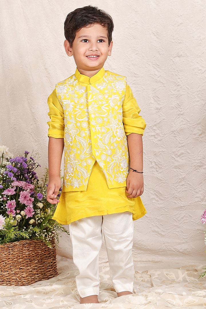 Yellow Tissue Thread Embroidered Nehru Jacket Set For Boys by P & S Co