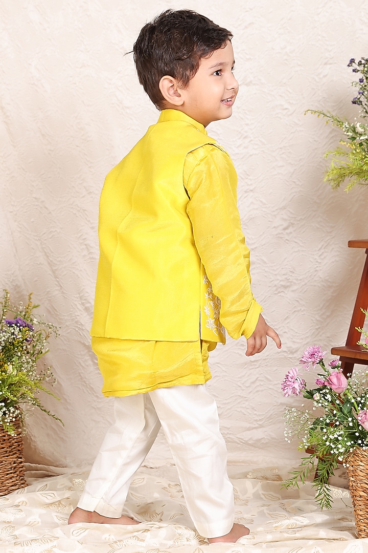 Yellow Tissue Thread Embroidered Nehru Jacket Set For Boys by P & S Co at Pernia's Pop Up Shop