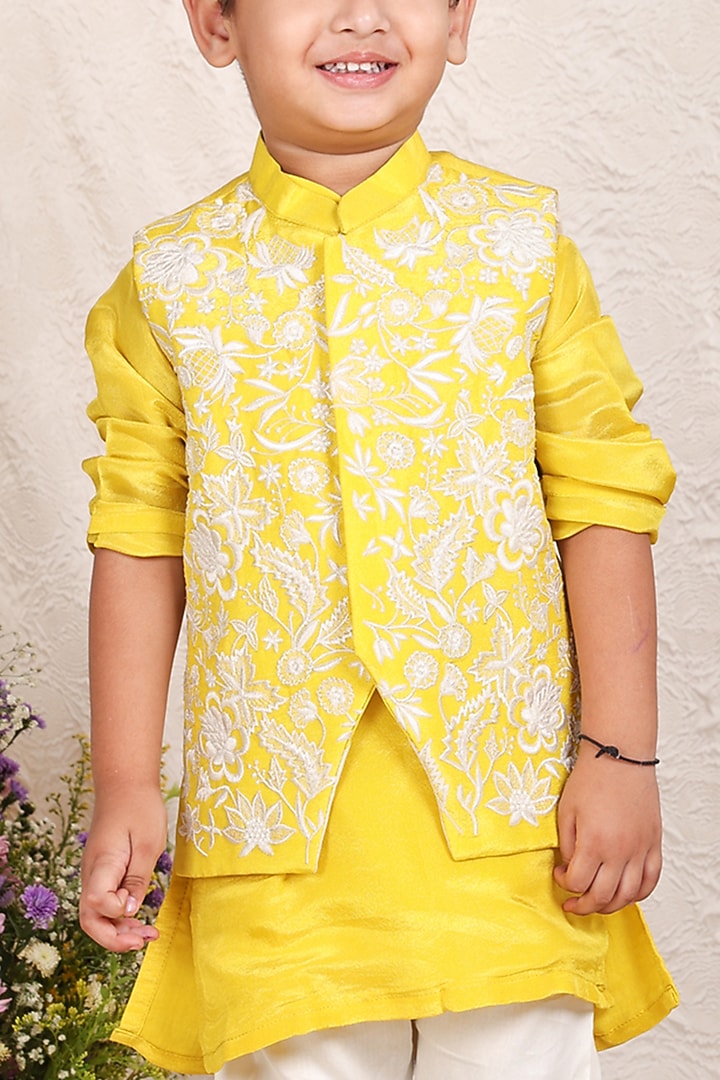Yellow Tissue Thread Embroidered Nehru Jacket Set For Boys by P & S Co at Pernia's Pop Up Shop