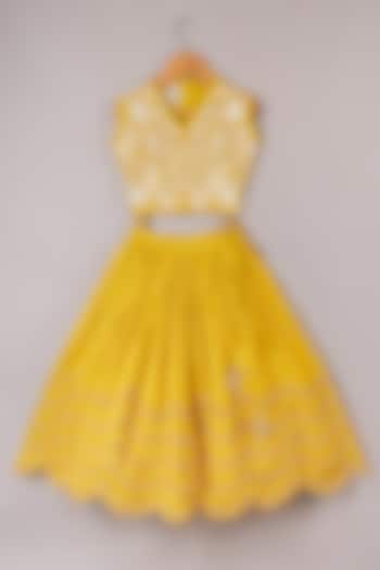 Yellow Silk Tissue & Mulmul Cotton Lehenga Set For Girls by P & S Co at Pernia's Pop Up Shop