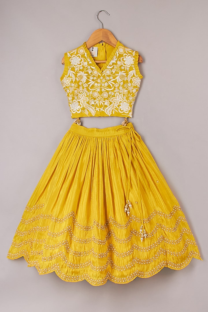 Yellow Silk Tissue & Mulmul Cotton Lehenga Set For Girls by P & S Co at Pernia's Pop Up Shop