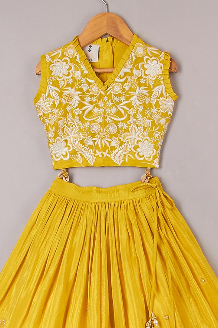 Yellow Silk Tissue & Mulmul Cotton Lehenga Set For Girls by P & S Co at Pernia's Pop Up Shop