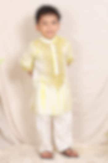 White & Lime Green Silk Shibori Printed Kurta Set For Boys by P & S Co at Pernia's Pop Up Shop