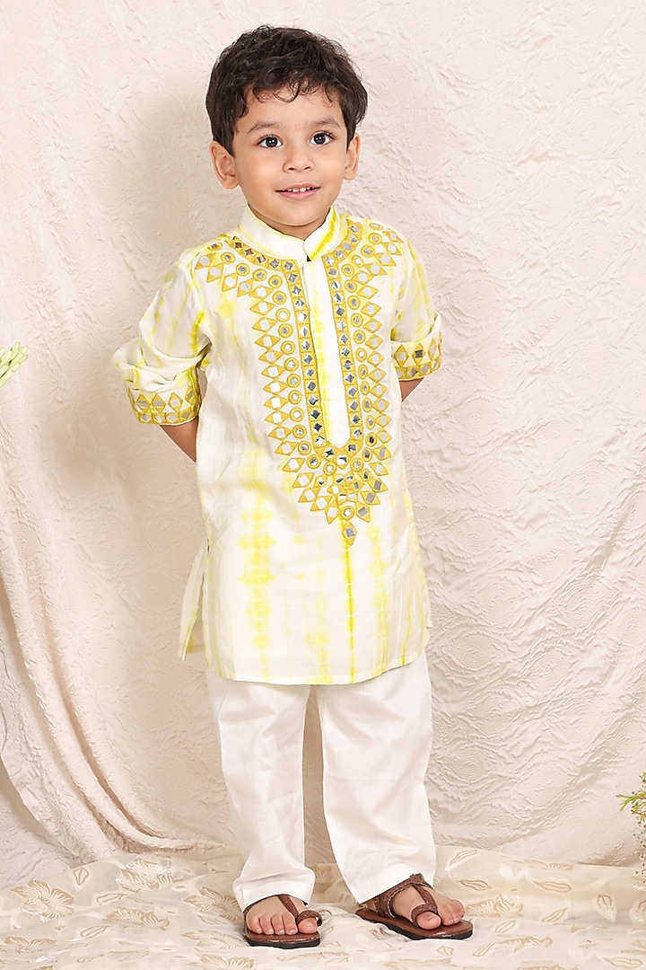 White & Lime Green Silk Shibori Printed Kurta Set For Boys by P & S Co at Pernia's Pop Up Shop