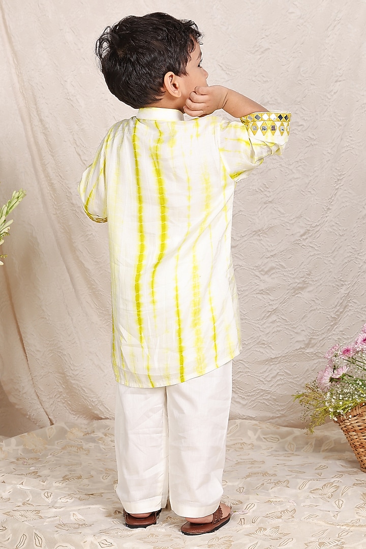 White & Lime Green Silk Shibori Printed Kurta Set For Boys by P & S Co at Pernia's Pop Up Shop