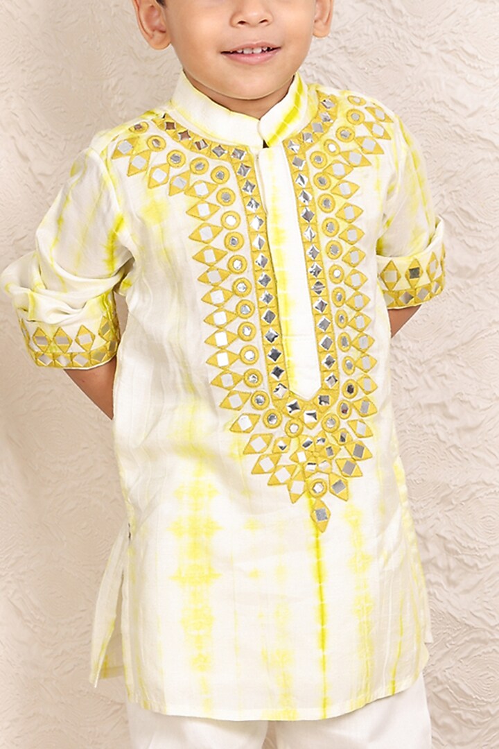 White & Lime Green Silk Shibori Printed Kurta Set For Boys by P & S Co at Pernia's Pop Up Shop