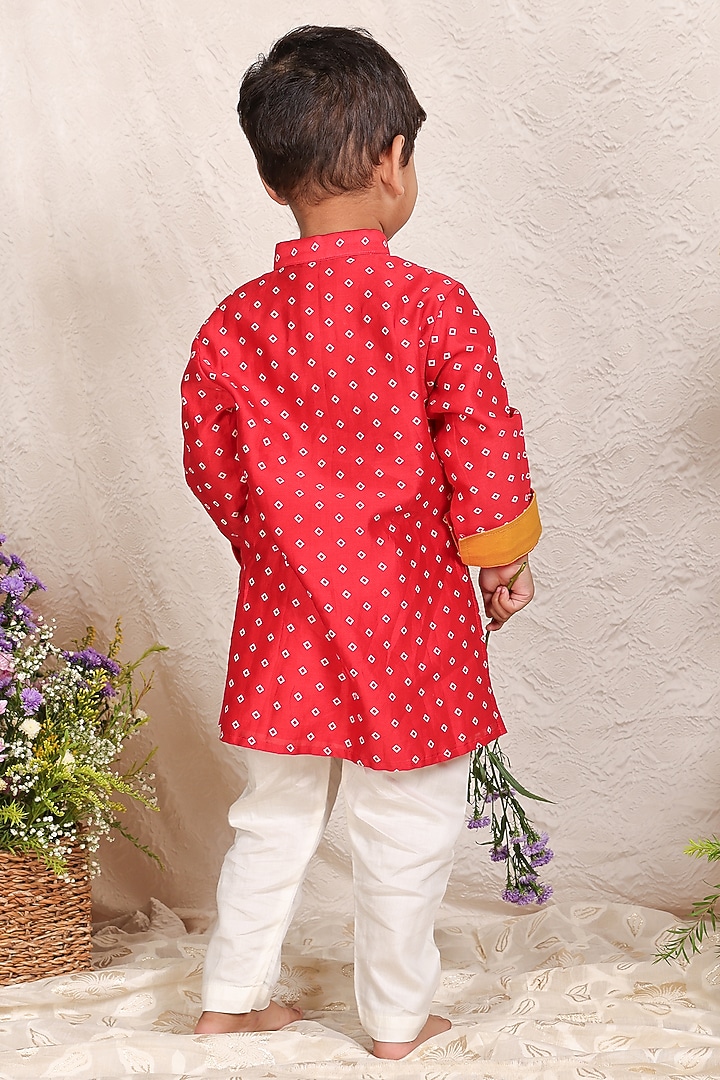 Red Chanderi Pintuck Kurta Set For Boys by P & S Co at Pernia's Pop Up Shop