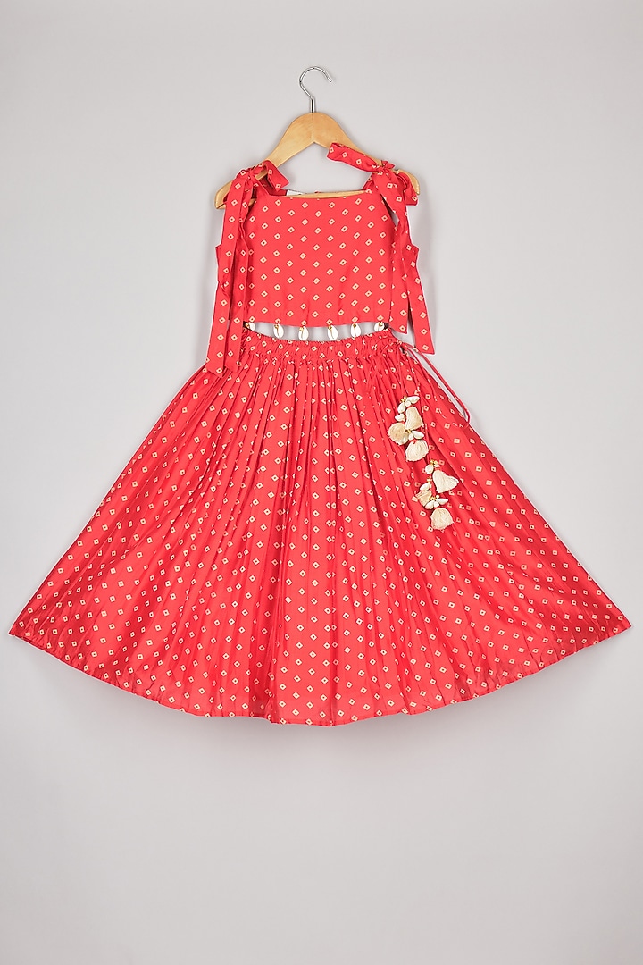 Red Chanderi Bandhej Printed Lehenga Set For Girls by P & S Co at Pernia's Pop Up Shop