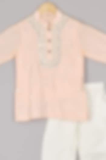 Peach Silk Mirror Embroidered Kurta Set For Boys by P & S Co at Pernia's Pop Up Shop