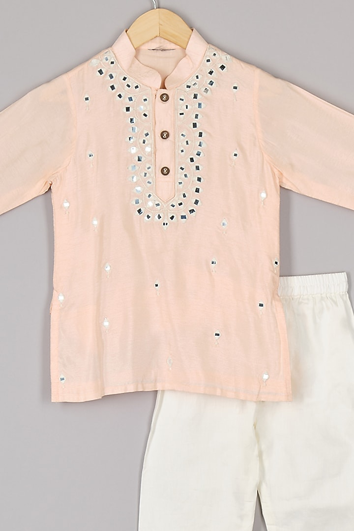 Peach Silk Mirror Embroidered Kurta Set For Boys by P & S Co at Pernia's Pop Up Shop