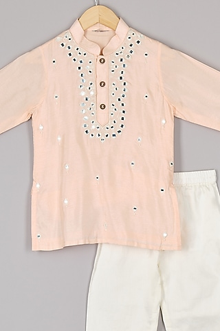 Peach Silk Mirror Embroidered Kurta Set For Boys by P & S Co