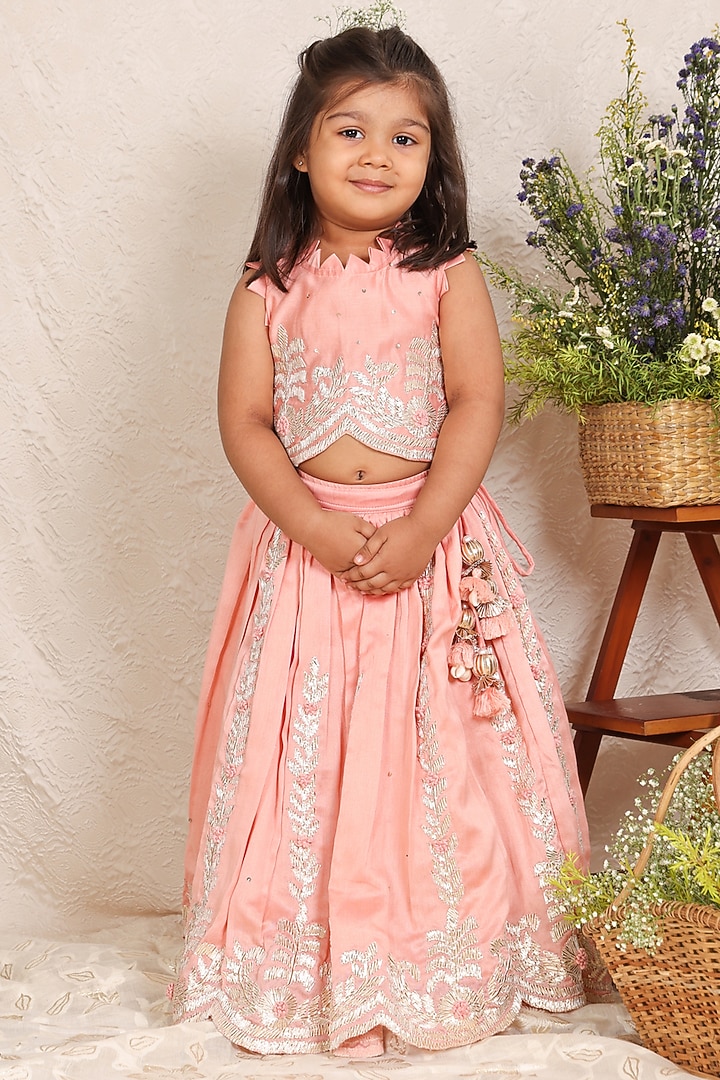 Pink Chanderi Gota Embroidered Lehenga Set For Girls by P & S Co at Pernia's Pop Up Shop