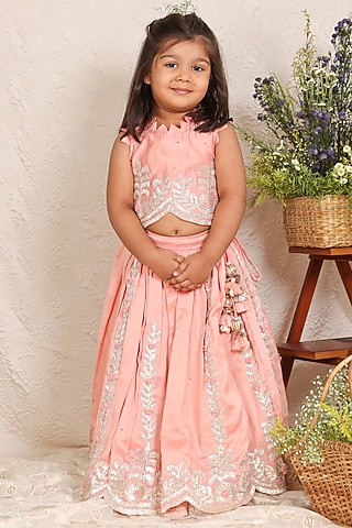 Pink Chanderi Gota Embroidered Lehenga Set For Girls by P & S Co