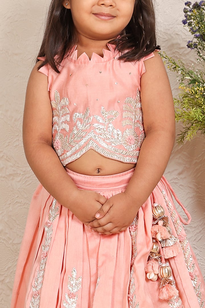 Pink Chanderi Gota Embroidered Lehenga Set For Girls by P & S Co at Pernia's Pop Up Shop