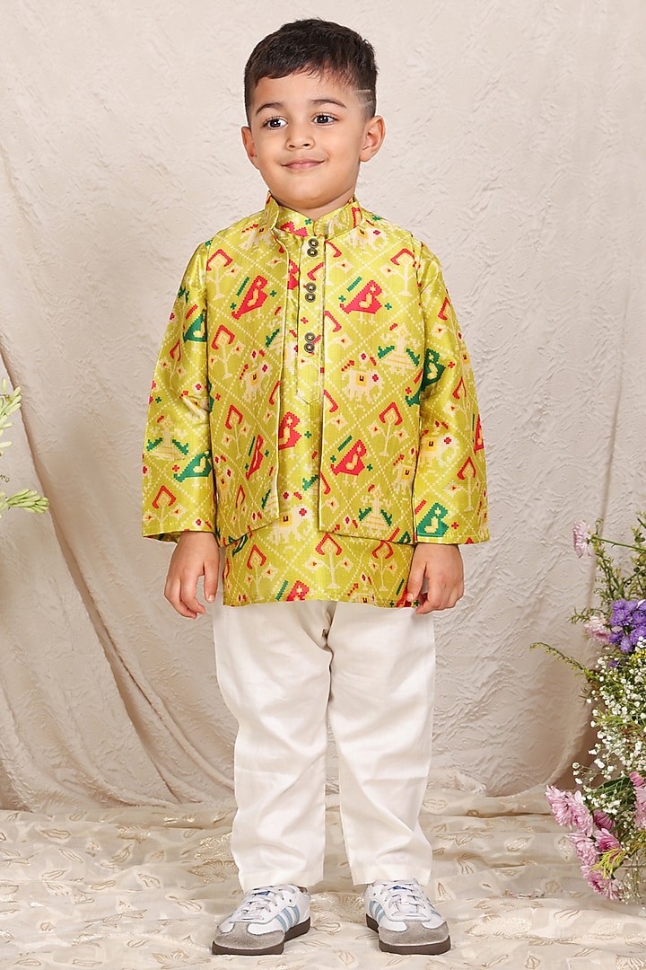 Lime Green Silk Patola Nehru Jacket Set For Boys by P & S Co at Pernia's Pop Up Shop
