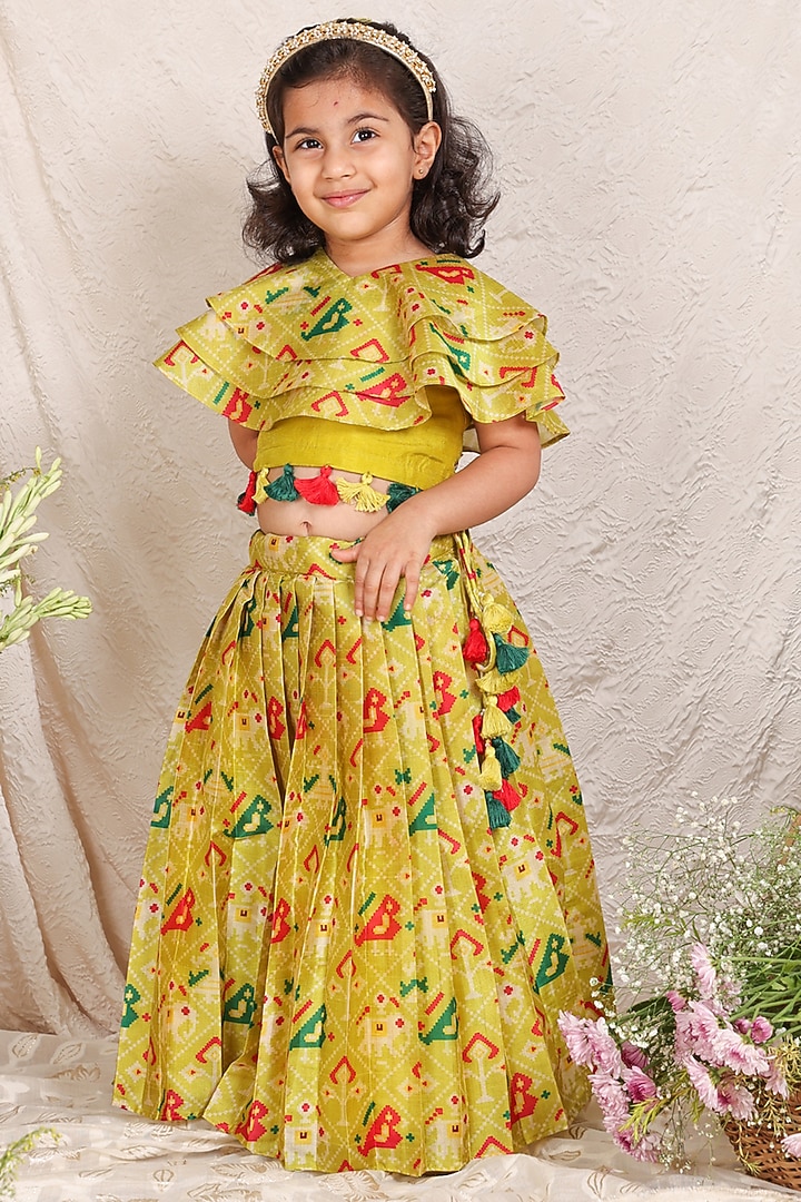 Lime Green Silk Patola Printed Lehenga Set For Girls by P & S Co at Pernia's Pop Up Shop