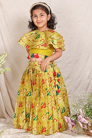 Lime Green Silk Patola Printed Lehenga Set For Girls by P & S Co