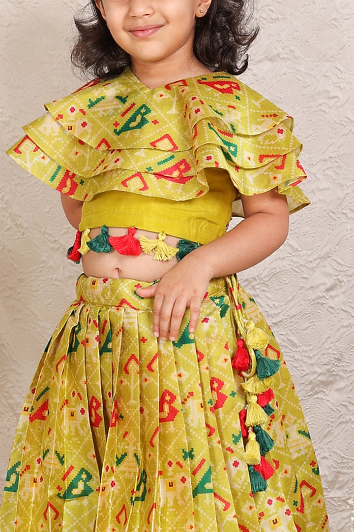 Lime Green Silk Patola Printed Lehenga Set For Girls by P & S Co at Pernia's Pop Up Shop