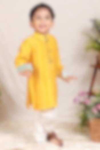 Mustard Yellow Chanderi Pintuck Kurta Set For Boys by P & S Co at Pernia's Pop Up Shop
