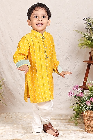 Mustard Yellow Chanderi Pintuck Kurta Set For Boys by P & S Co